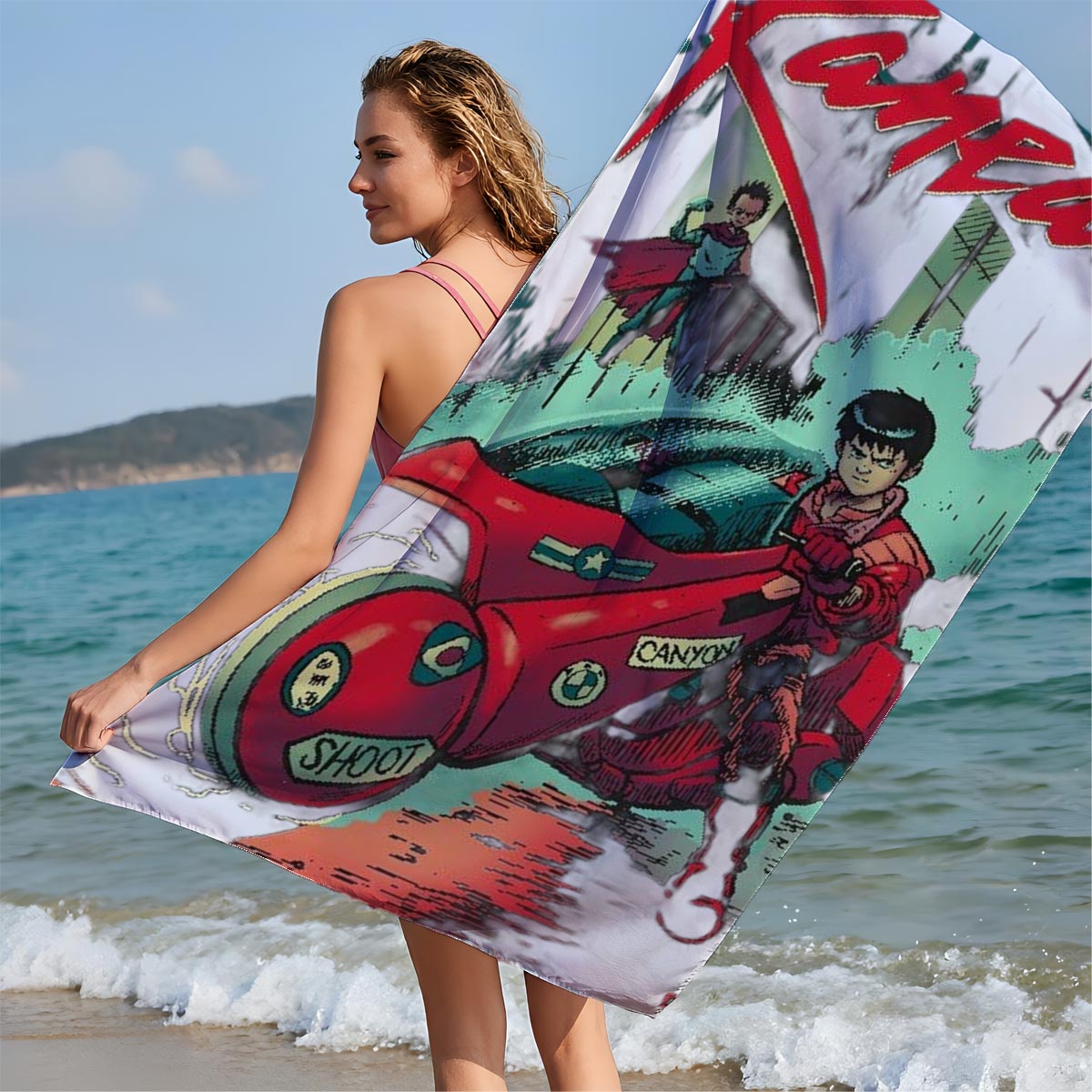 Kaneda on Red Motorcycle with Future City Background - Beach towels