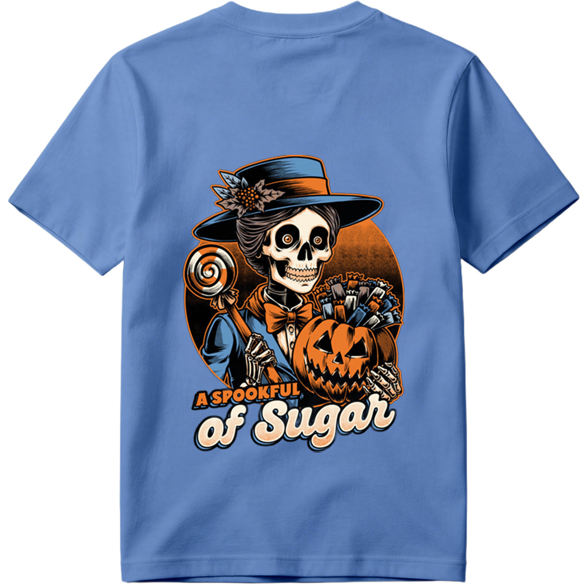 A Spookful of Sugar: Skeleton Lady with Pumpkin and Candy - Tee