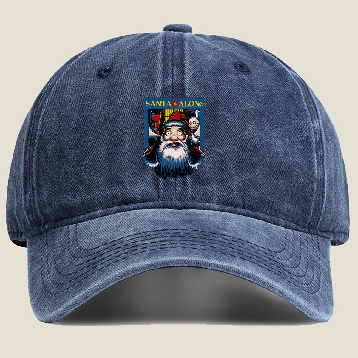 Santa Alone: Santa Claus, Jack Skellington, and Red Mask - Washed Denim - Baseball Cap
