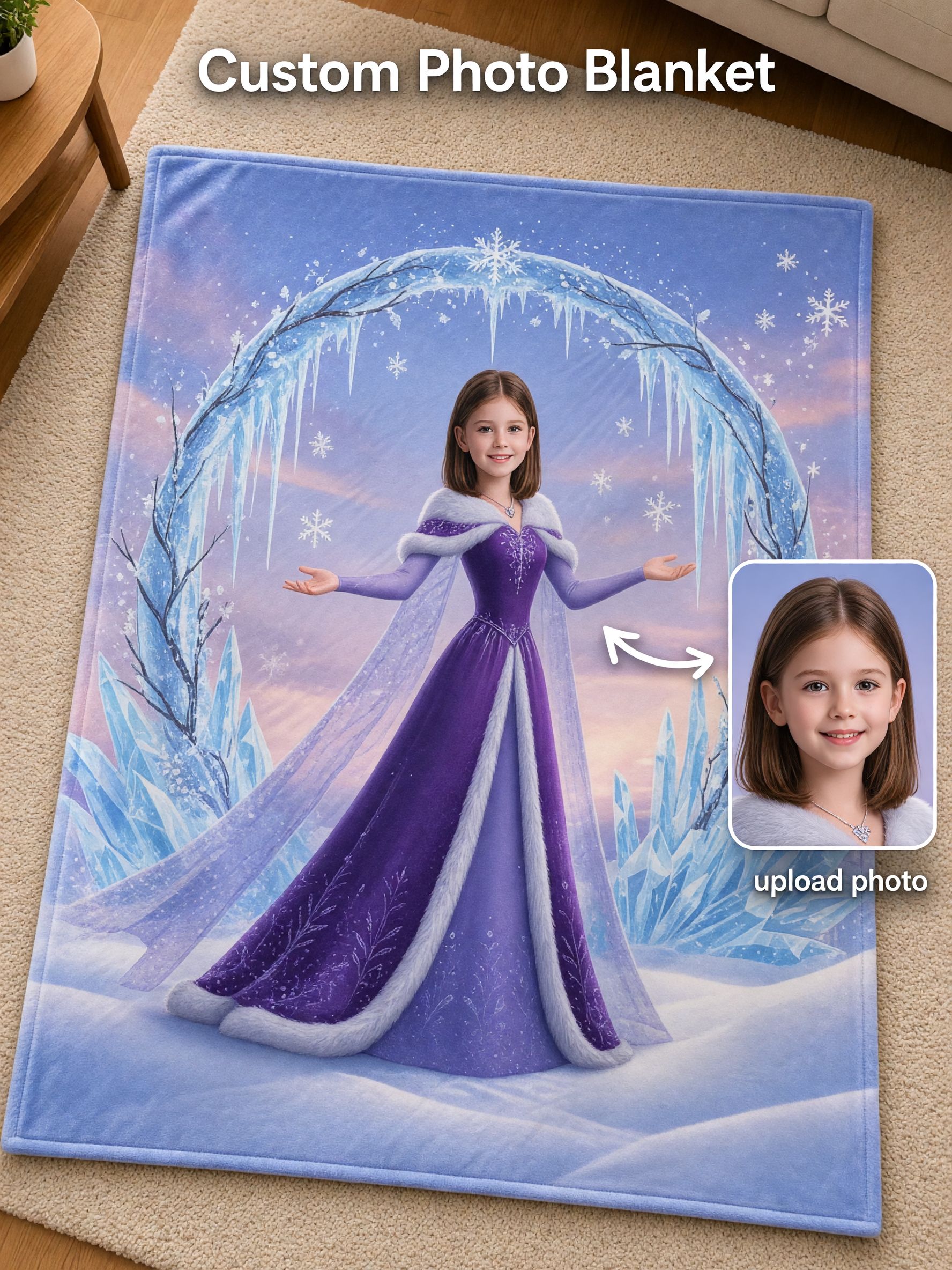 Custom Photo Blanket Personalized Ice Princess Flannel Throw, Ultra Soft Fleece Couch Cover, Ideal Birthday Gift