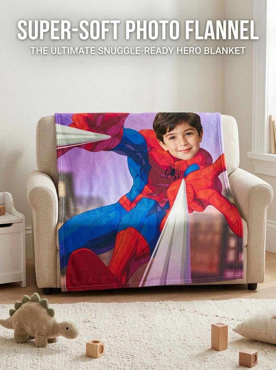 Custom Superhero Photo Blanket, Personalized Face Flannel Throw, Ultra Soft Anti-Pilling Cozy Fleece Blanket for Kids