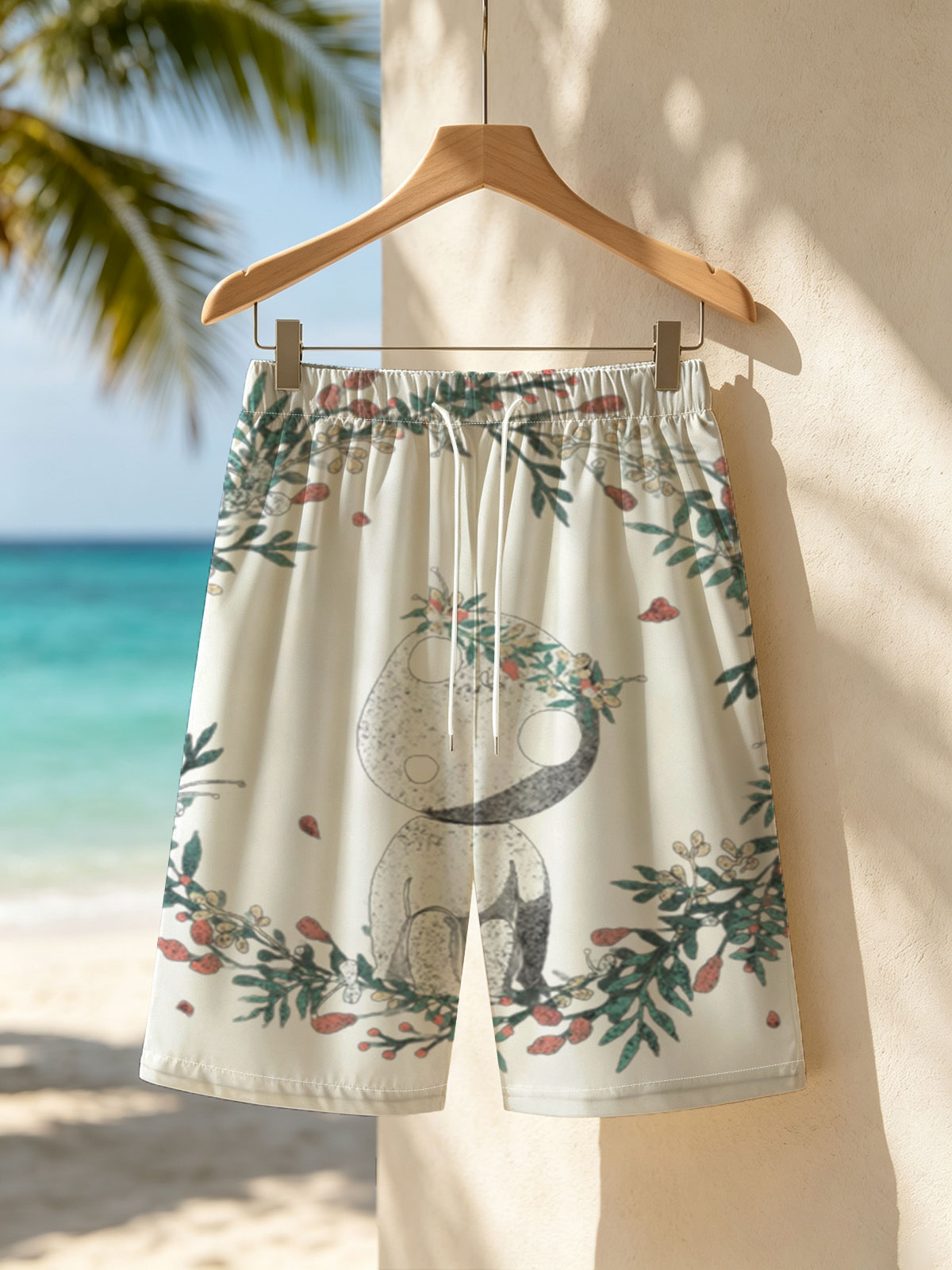 Cute Panda with Floral Crown in Wreath -  Beach shorts