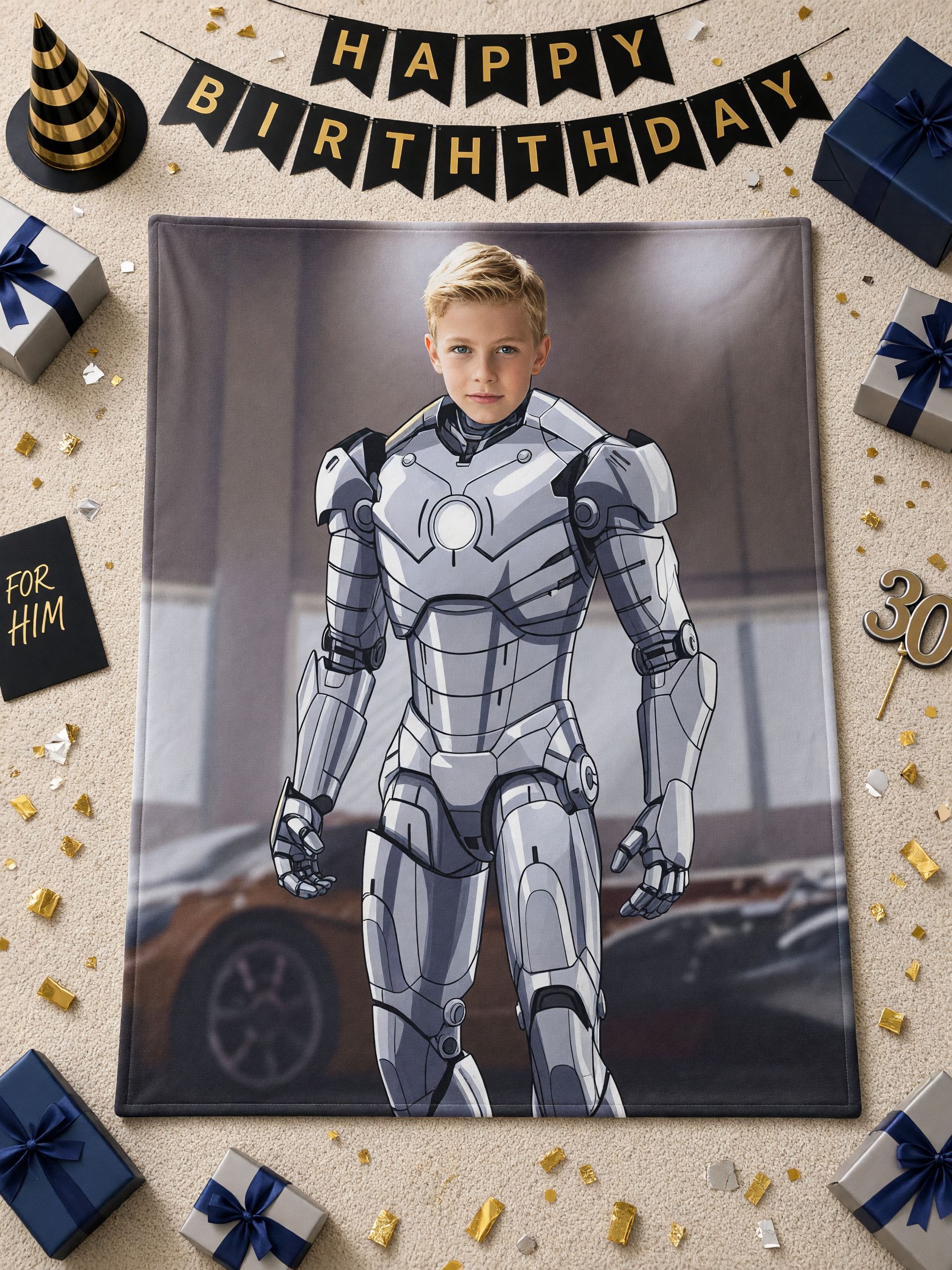 Custom Face Superhero Flannel Blanket, Personalized Photo Armor Fleece Throw, Cozy Anti-Pilling Keepsake Gift for Kids