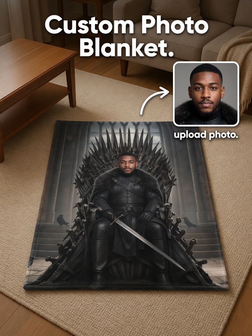 Custom Face Photo Flannel Blanket Personalized Fantasy Throne Warrior Throw for Couch Bed Cozy Novelty Gift