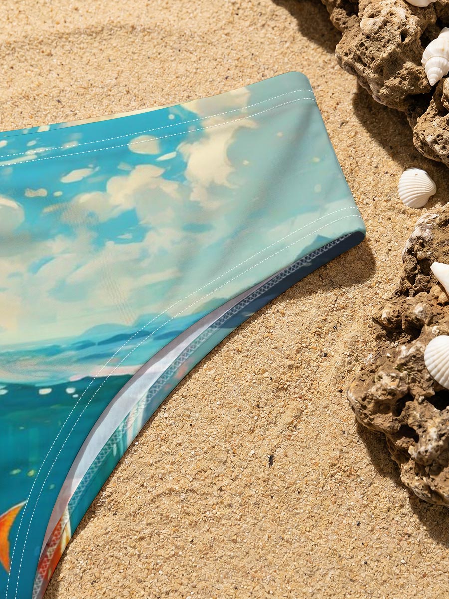 A vibrant orange fish swims gracefully in clear blue waters beneath a sunny sky. -  Men's swim trunks