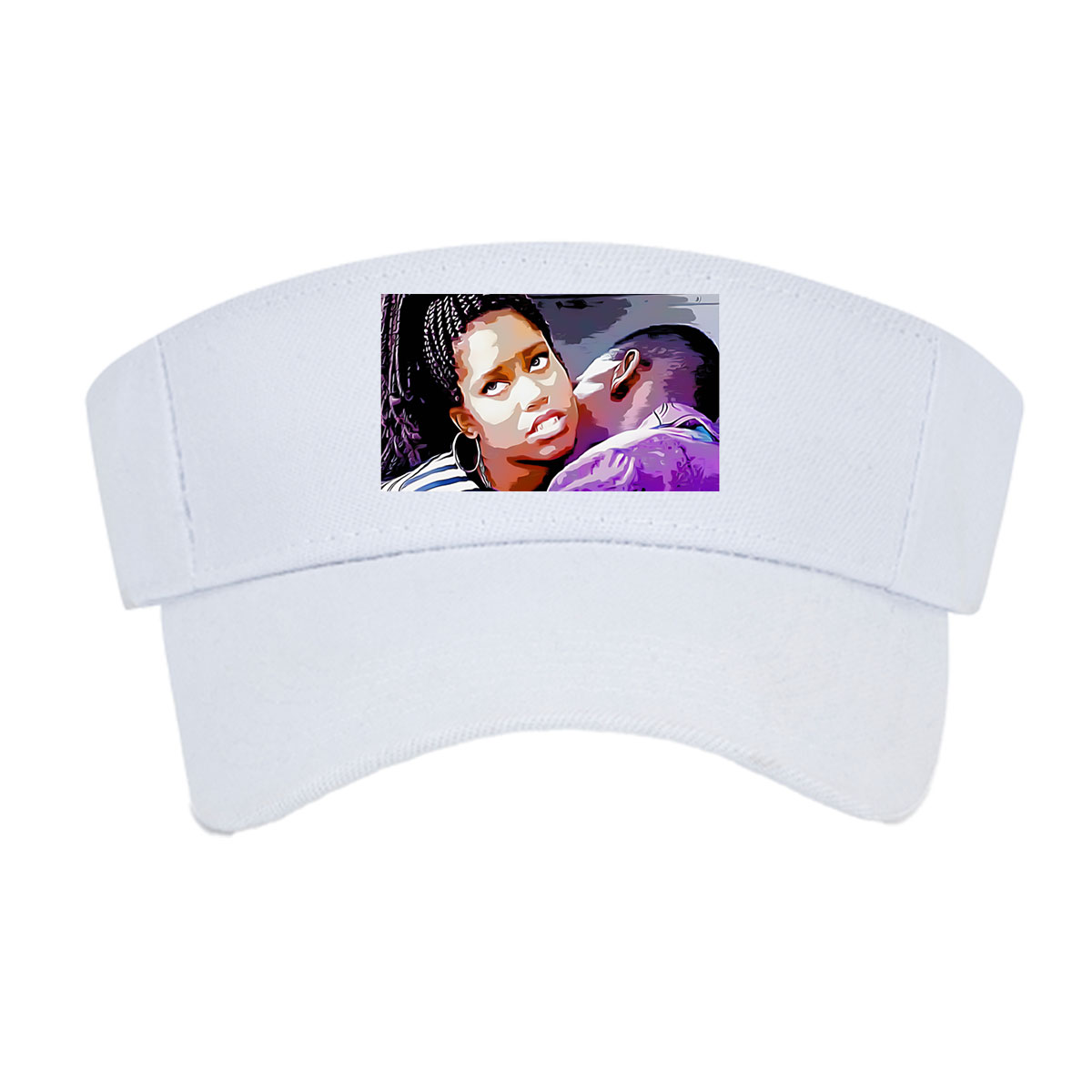 Woman with Braids and Hoop Earrings in Striped Shirt, Man in Purple Shirt with Tattooed Back -  Visor cap