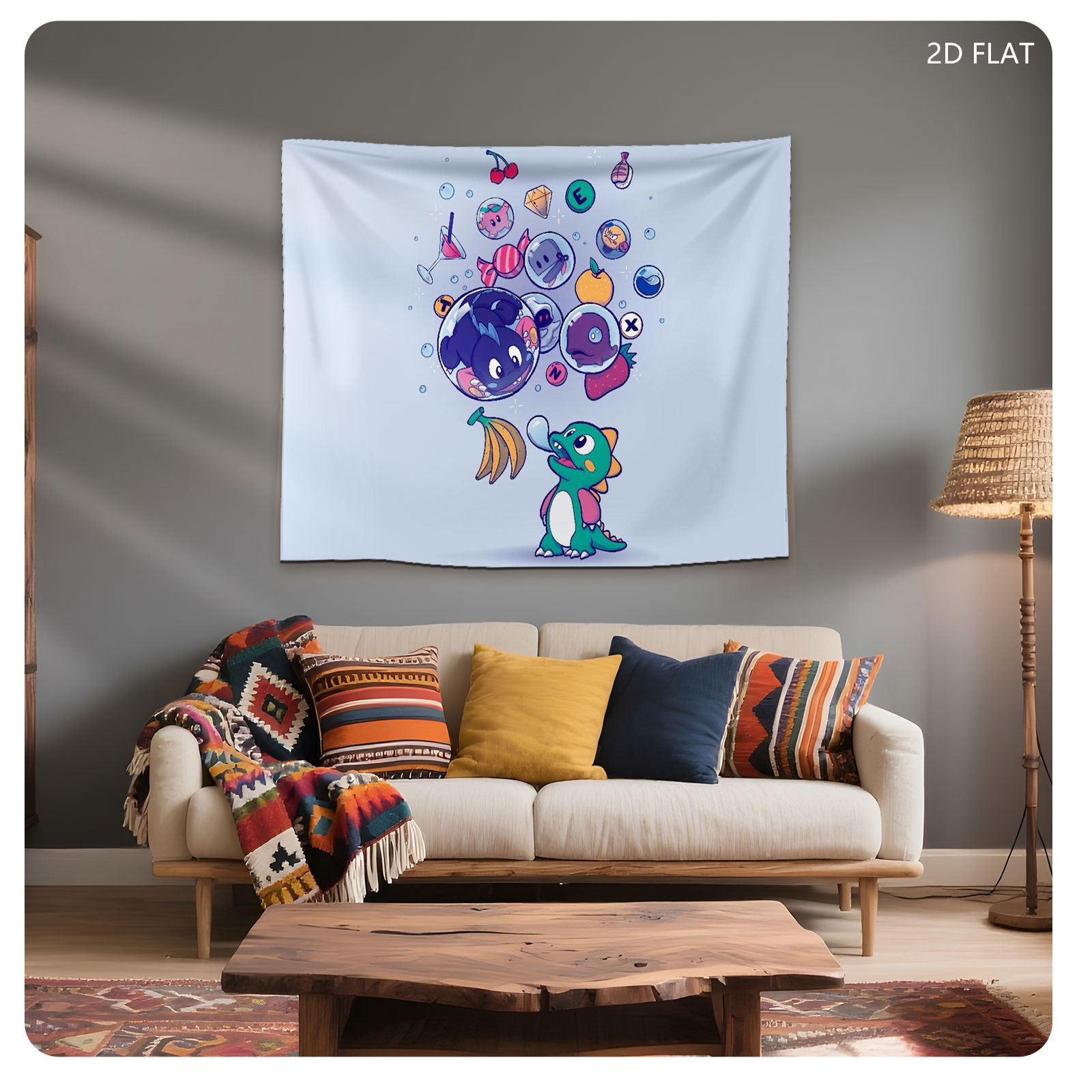 Cute Dragon Blows Bubbles with Game Icons and Fruits - Tapestry