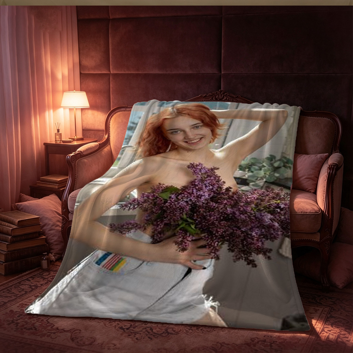 Redhead in black lingerie pulling up stockings on vintage sofa - Blanket