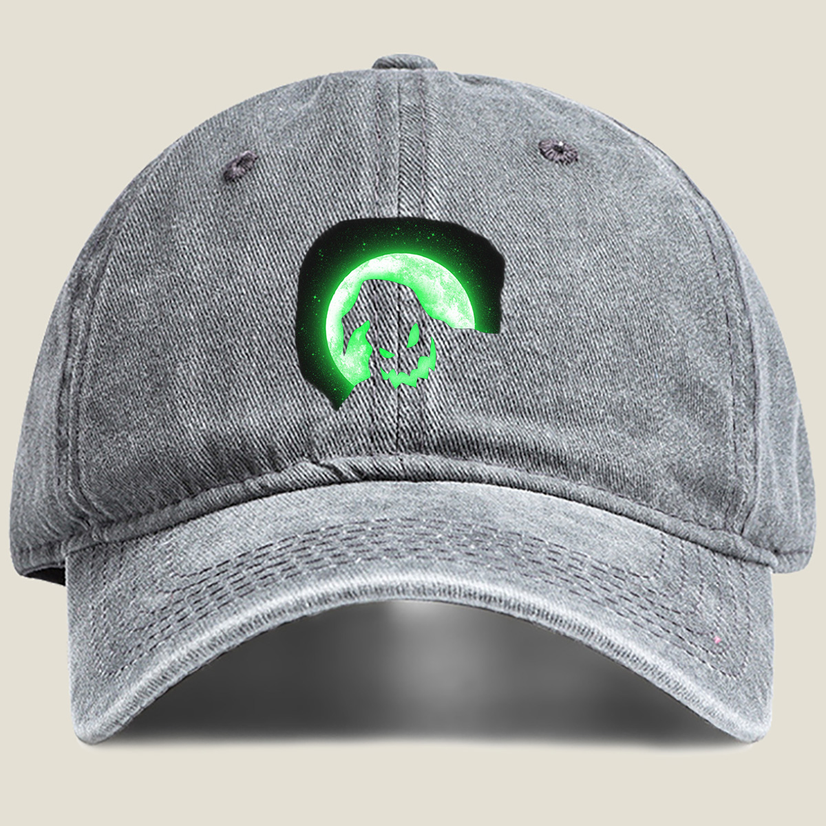 Pumpkin Head Silhouette Against Green Moon - Washed Denim - Baseball Cap