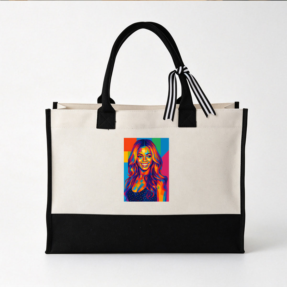 Colorful Portrait of a Smiling Woman with Vibrant Geometric Patterns - Canvas patchwork gift tote bag