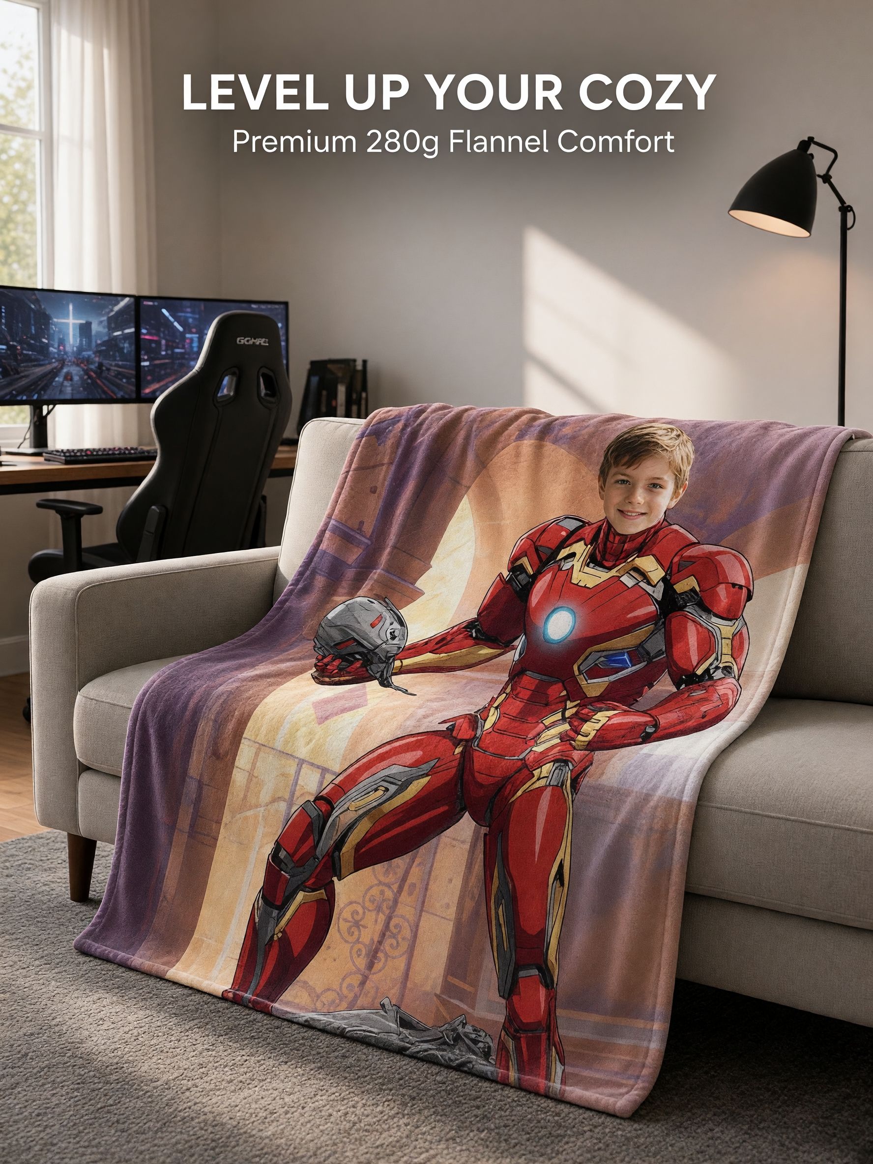 Custom Face Superhero Blanket, Personalized Photo Plush Flannel Throw, Cozy Skin-Friendly Armor Gift for Boys & Fans