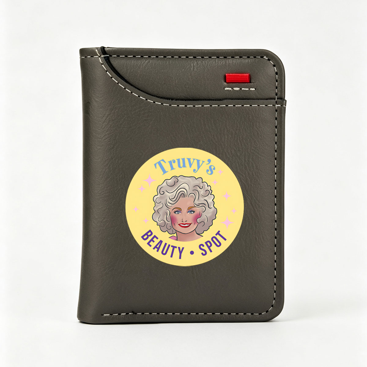 Truy's Beauty Spot: A Vibrant Logo Featuring a Stylish Character with Curly Hair and Sparkling Stars - Vertical Style Wallet