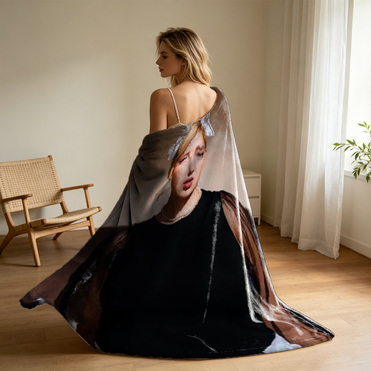 Aiko Sato in black sheer robe, topless in bedroom. - Blanket