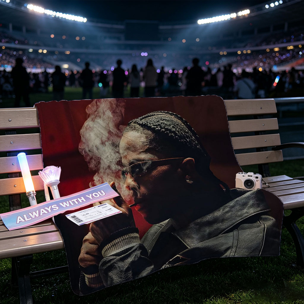 Lil Durk Smoking Cigar in Dark Leather Jacket with Smoke Rising - Blankets