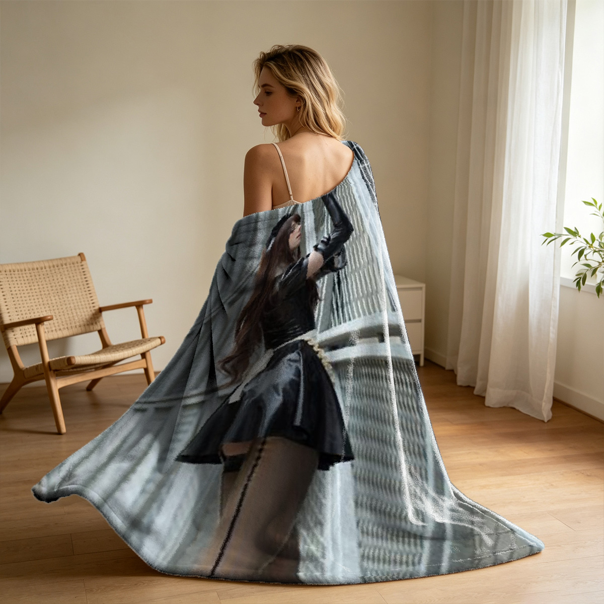 Japanese Actress in Black Sheer Lingerie by Window - Blanket
