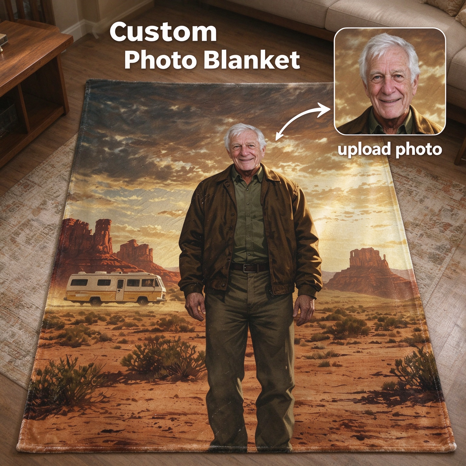 Custom Face Photo Flannel Blanket Personalized Desert Portrait Soft Plush Throw Cover for Bed Sofa Ideal Cozy Gift