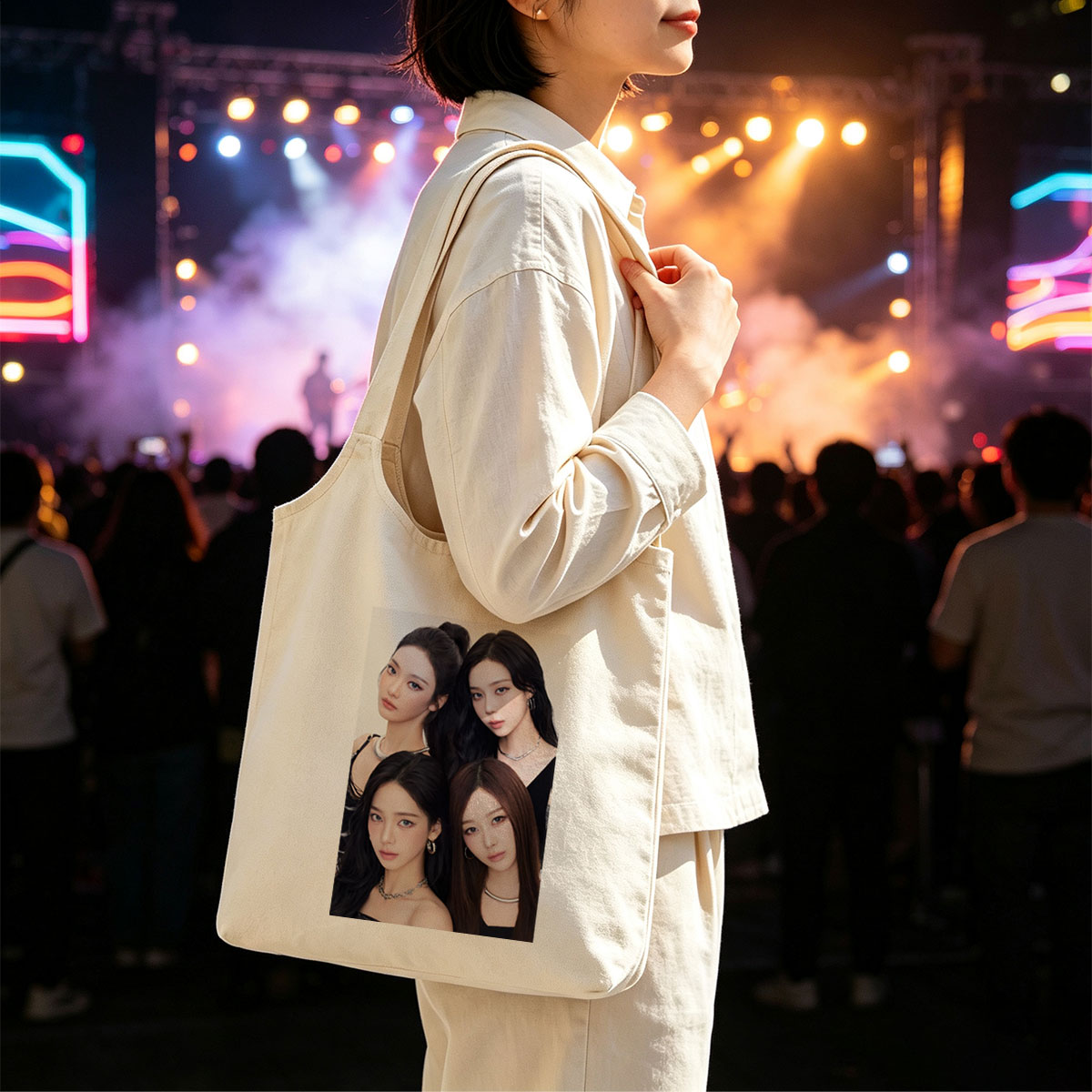Aespa Members in a Close-Up Group Portrait with Elegant Black Outfits and Stylish Jewelry - Canvas shoulder bags/