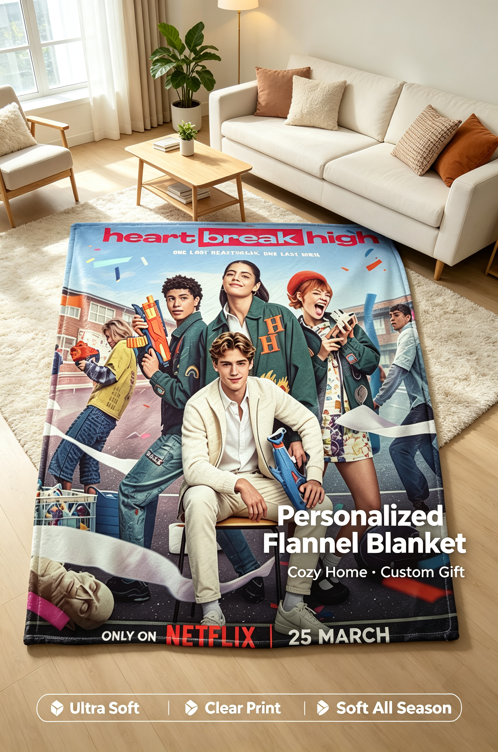 Custom Face Blanket Heartbreak High Flannel Blanket for Fans of the Netflix Series – Perfect Gift for Teens and Adults, Ideal for Couch, Bed, or Dorm Use