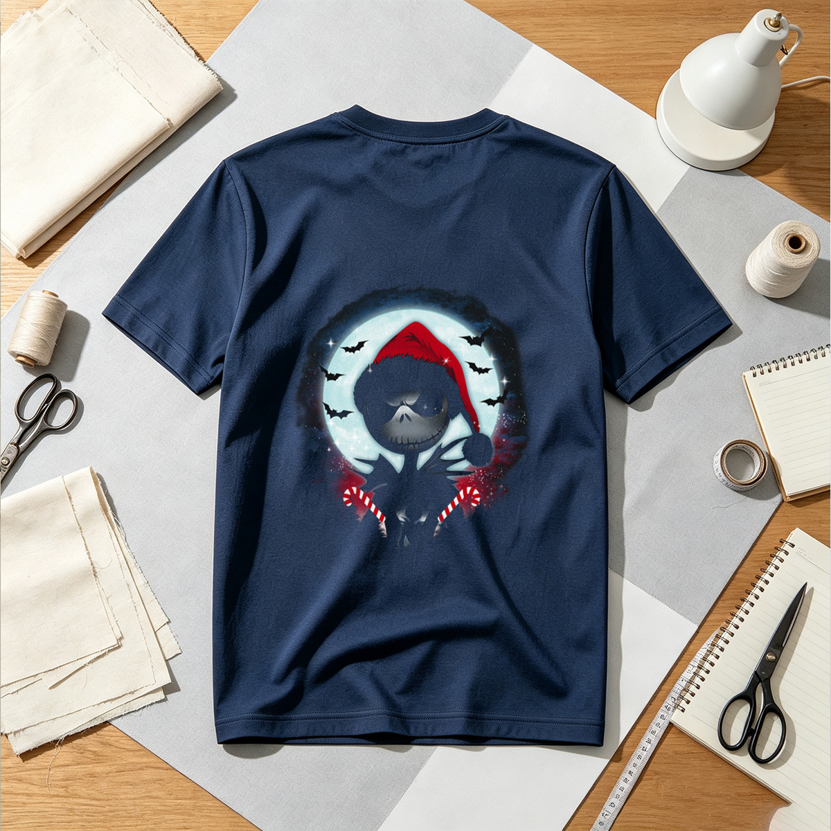 Jack Skellington in Santa Hat with Candy Canes Against Moonlit Sky - Tee