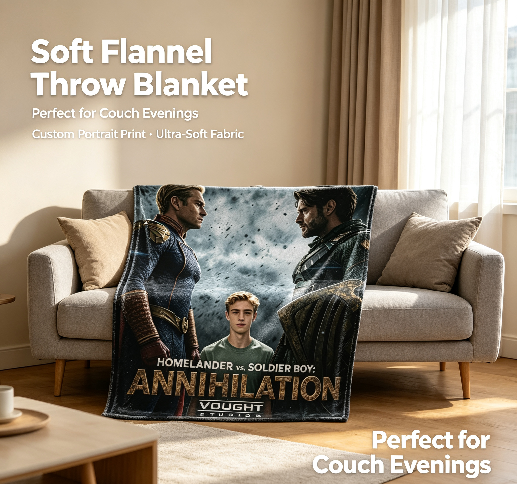 Custom Face Blanket The Boys Homelander vs Soldier Boy Annihilation Flannel Blanket for Fans Movie Poster Design Cozy Bedding Gift or Giveaway