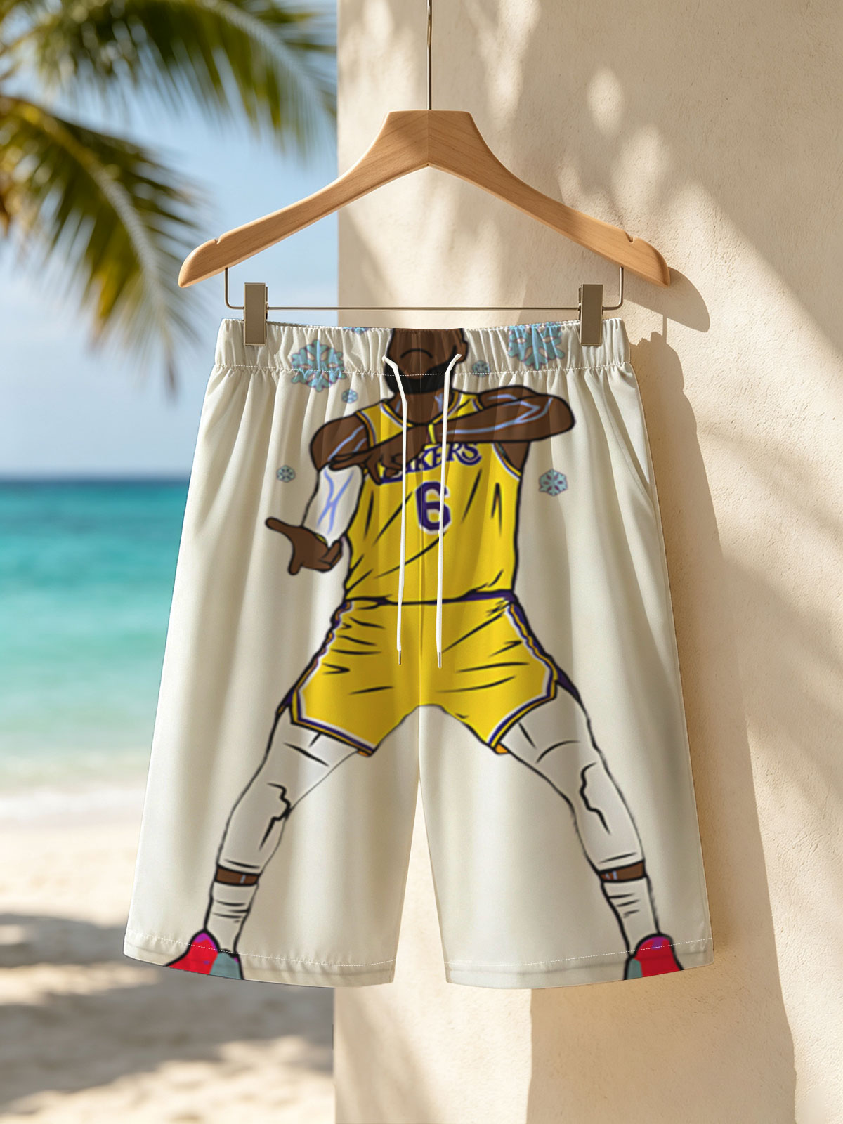 LeBron James in Lakers Jersey Dabbing with Snowflakes -  Beach shorts