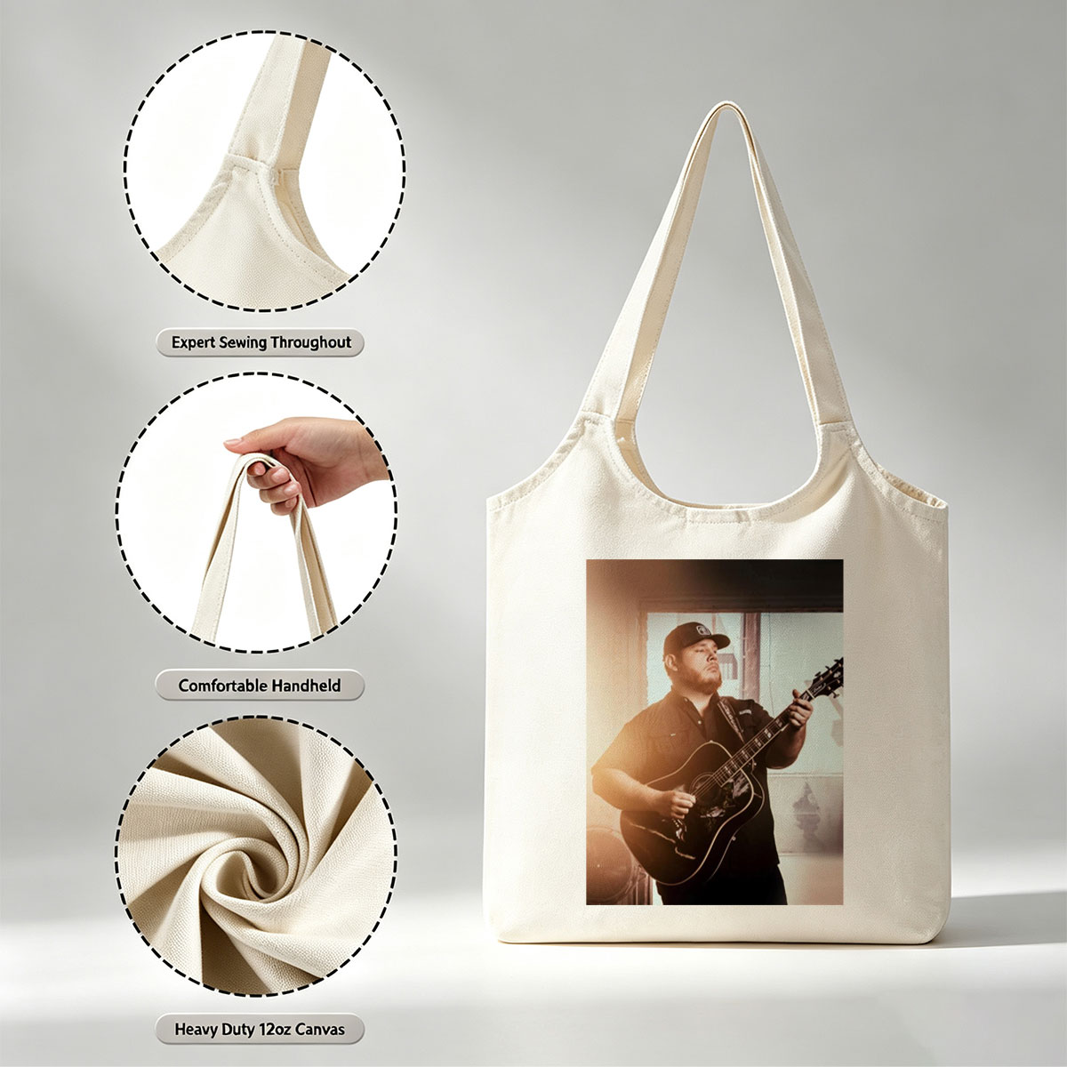 Luke Combs Playing Acoustic Guitar in a Sunlit Room - Canvas shoulder bags/