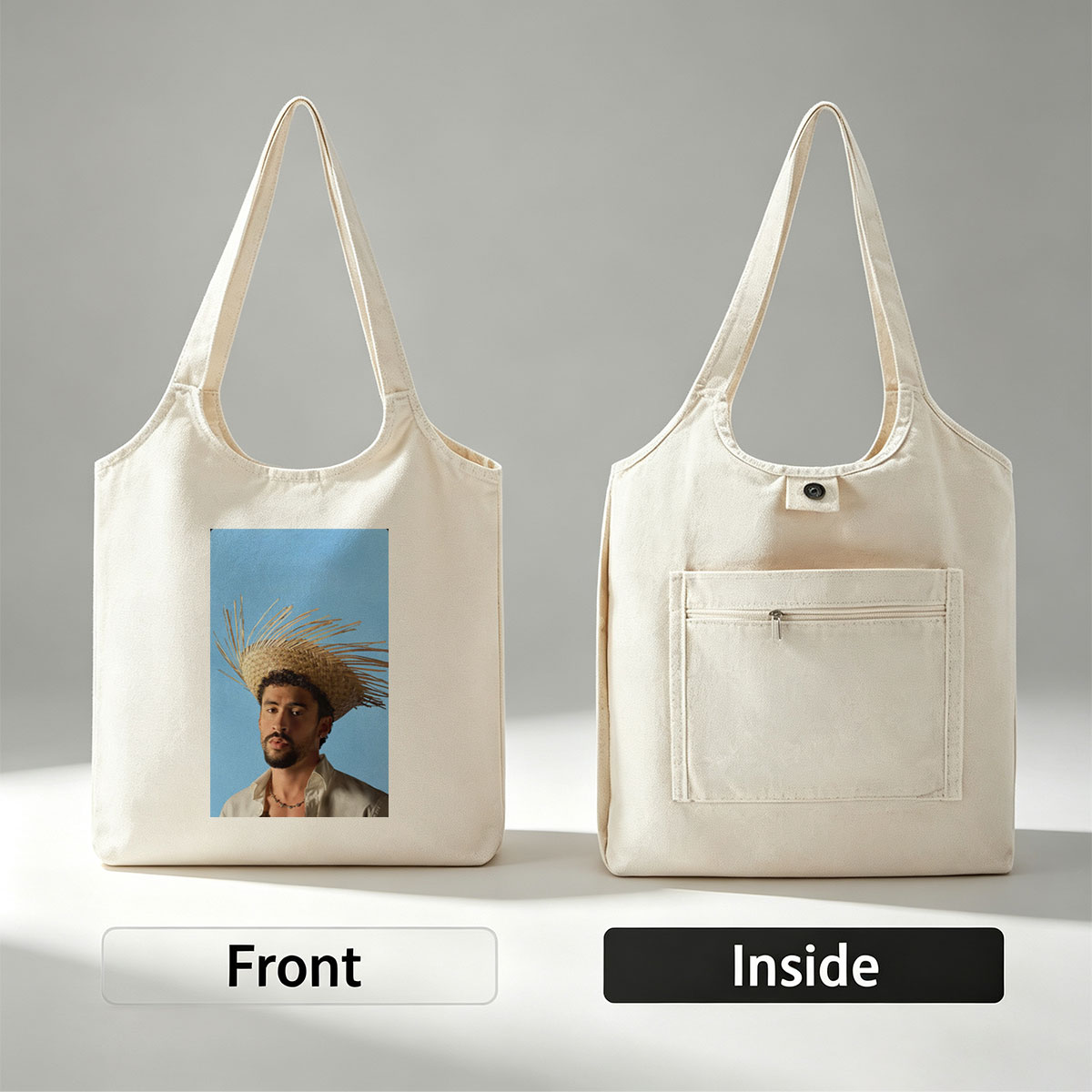 Bad Bunny Wearing a Straw Hat with Spiky Design Against a Blue Background - Canvas shoulder bags/