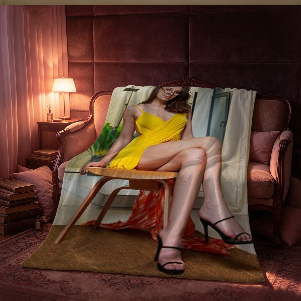 Blonde Woman Nude on Brown Leather Couch in Living Room - Blanket