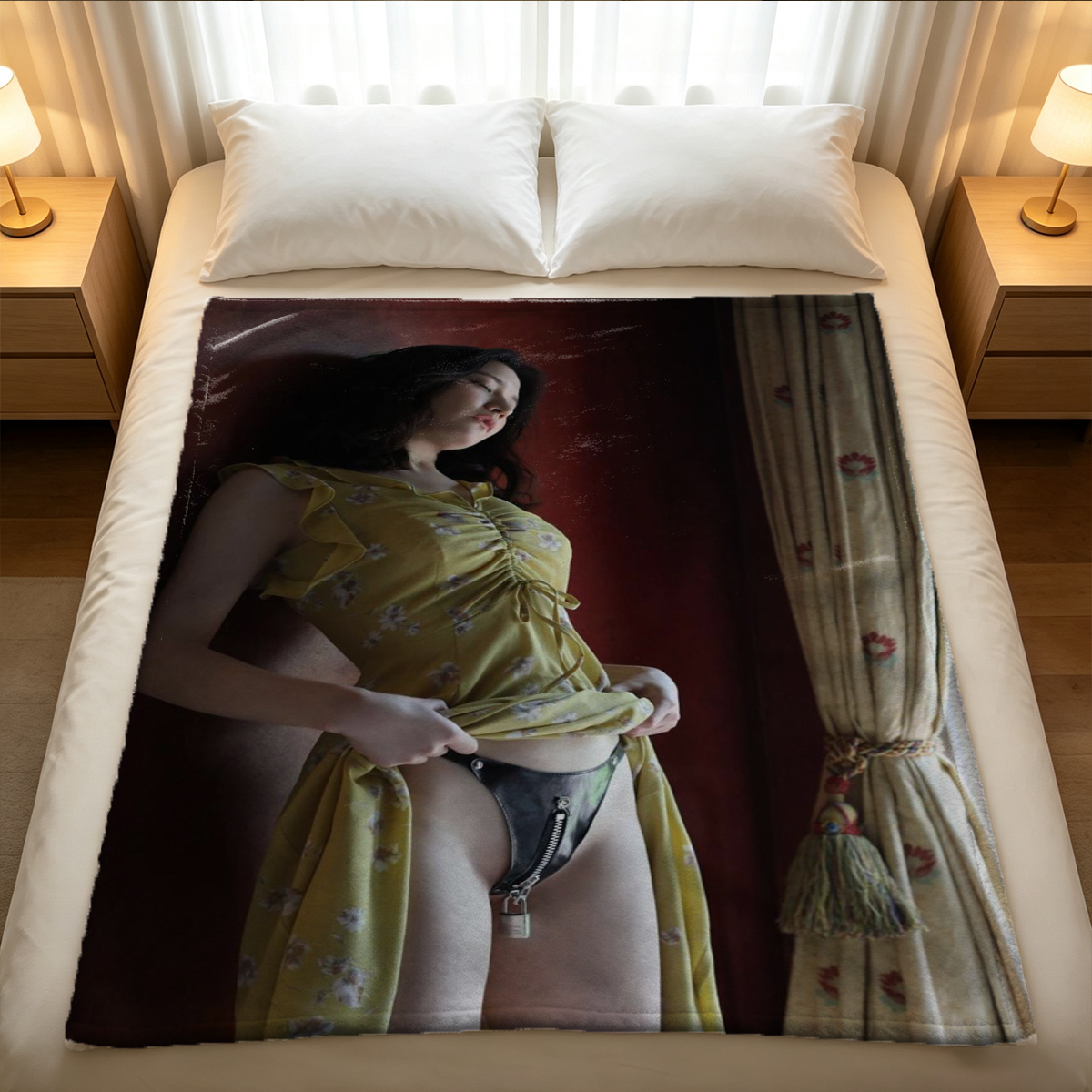 A woman in pink lingerie and neon high heels kneeling on a couch from behind. - Blanket
