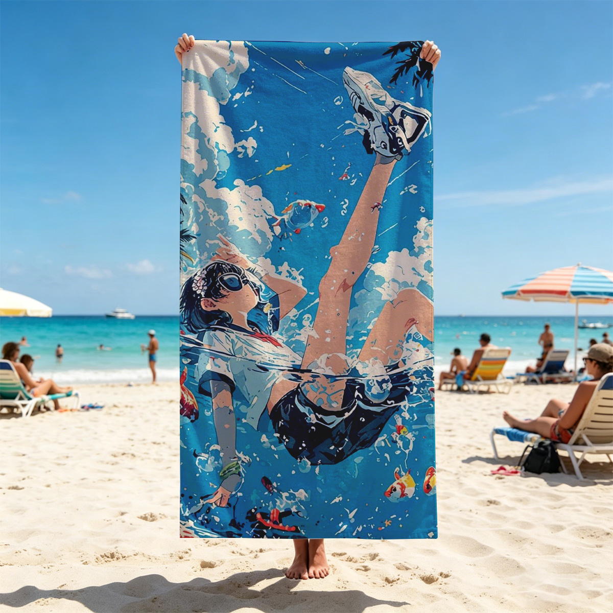 Girl floating in water with koi fish and palm trees under blue sky - Beach towels