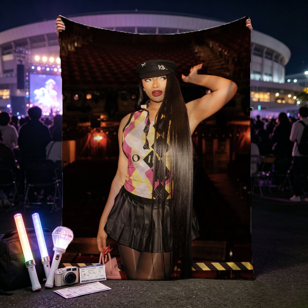 Cardi B in a Bold Outfit at a Concert Venue with Vibrant Lighting and Stage Setup - Blankets