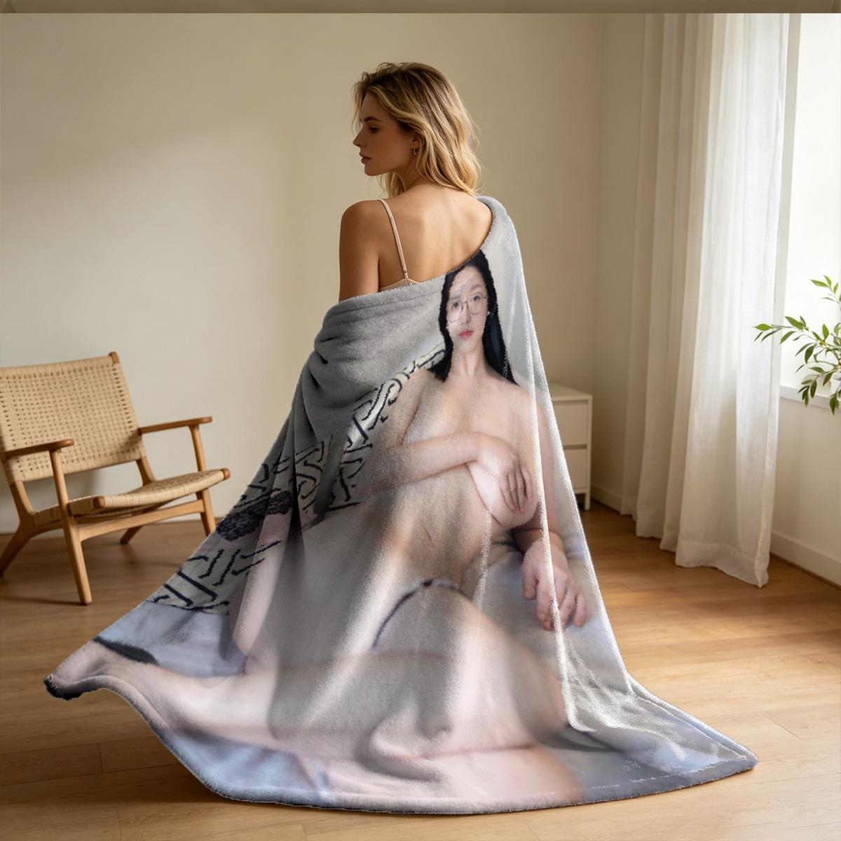 Nude Brunette Standing by Wardrobe in Bedroom - Blanket