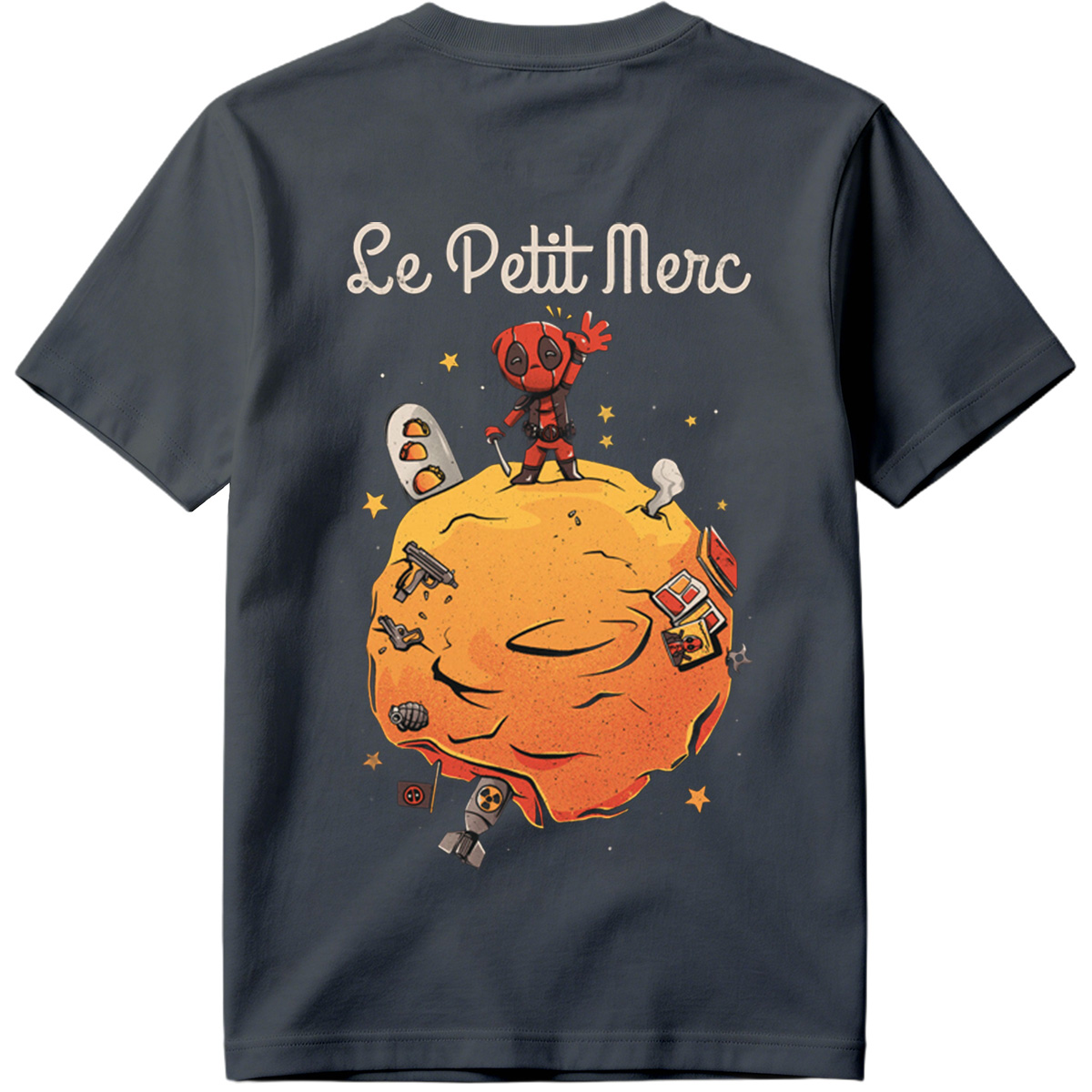 Deadpool on a Planet with Weapons and Space Items - Tee