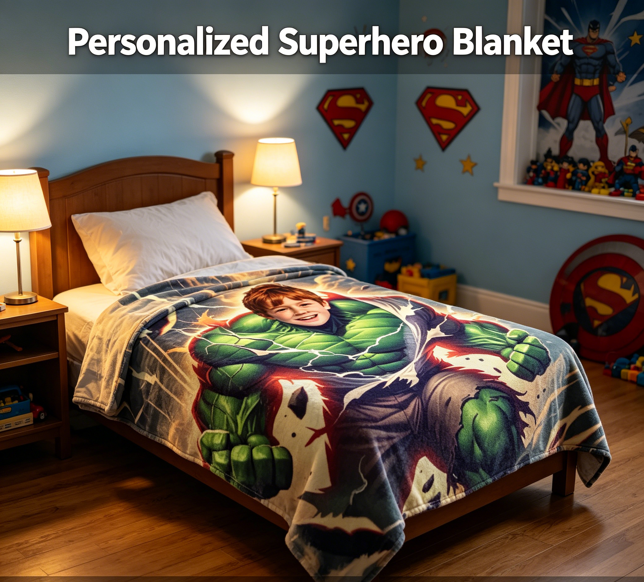 Custom Incredible Hulk Personalized Photo Flannel Blanket, Upload Kid Face Superhero 280GSM Throw Blanket, Unique Birthday Gift for Boys