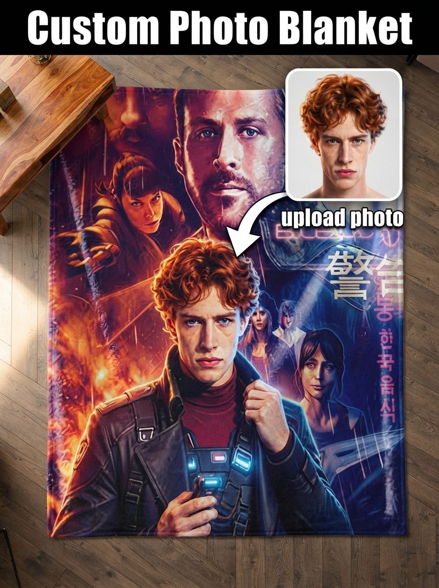 Custom Photo Headshot Blanket Personalized Flannel Throw with Vibrant Sci-Fi Movie Poster Style Art for Bed Sofa Ideal