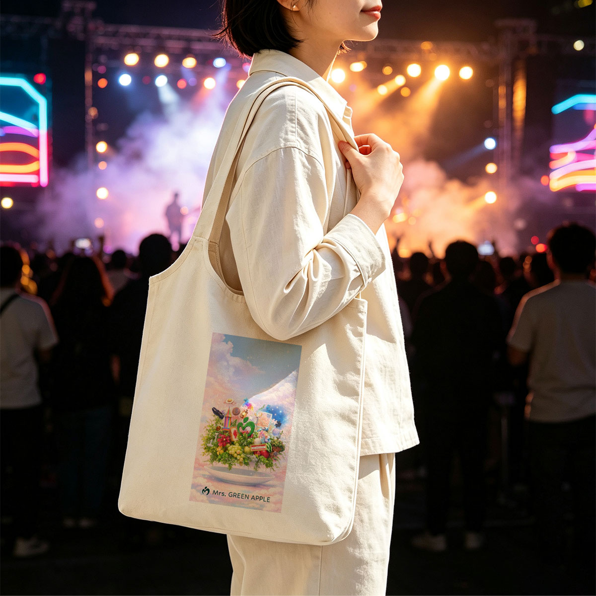 Mrs. GREEN APPLE Fantasy Garden Scene with Colorful Objects and Nature Elements on a Plate - Canvas shoulder bags/