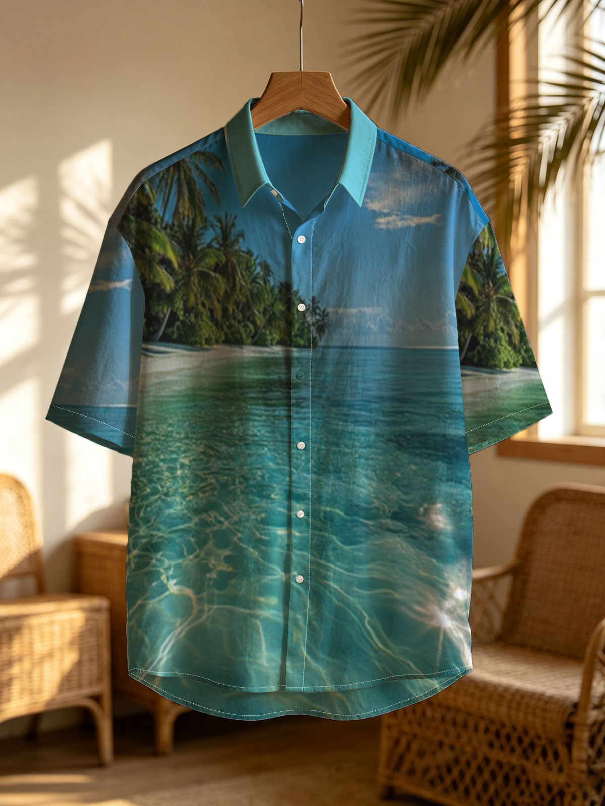 Crystal-clear turquoise waters meet a pristine white sand beach lined with lush palm trees under a bright blue sky. -  Shirt