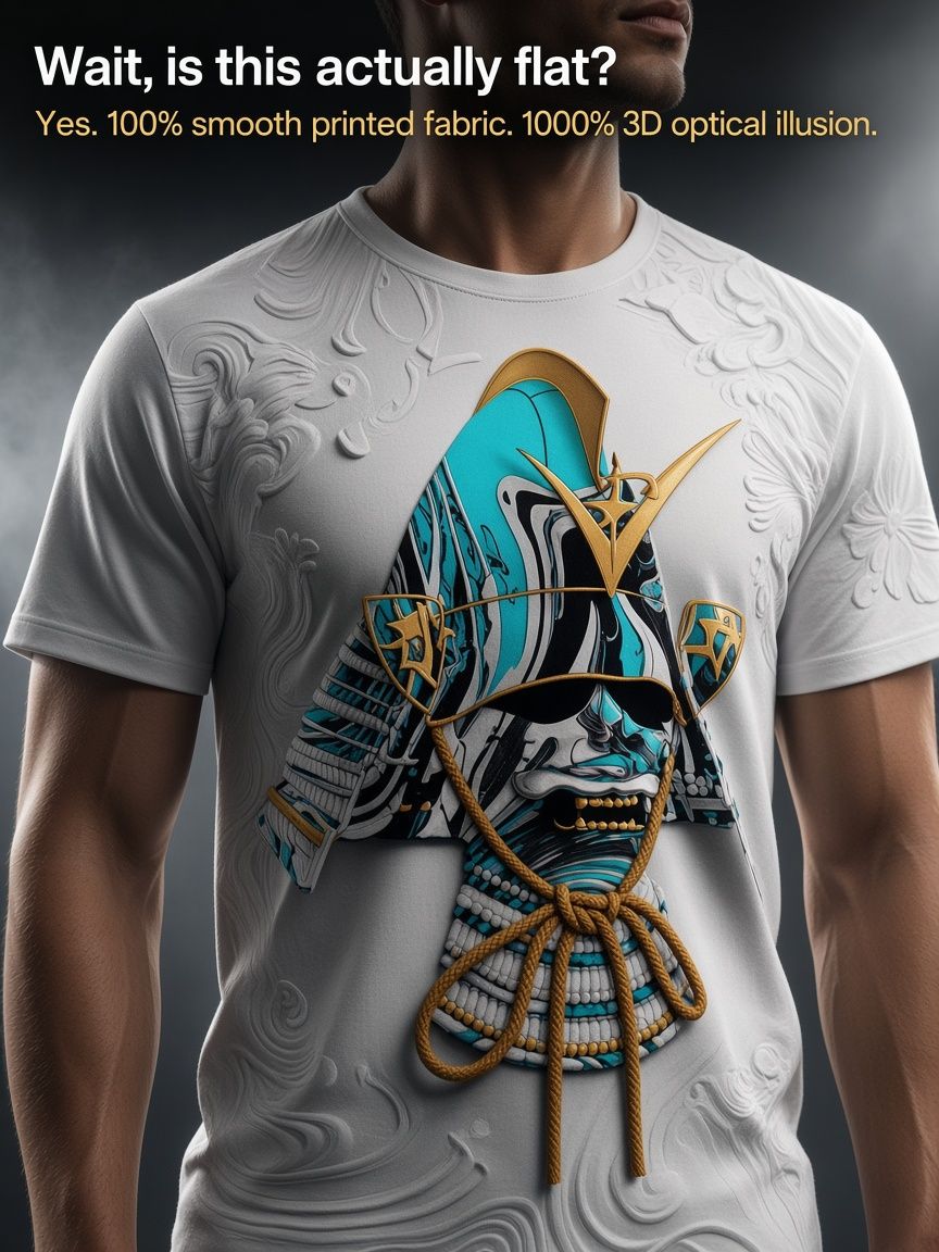 Japanese Samurai Armor 3D Optical Illusion Graphic Tee Breathable Athletic Mesh T-Shirt Casual Sports Wear