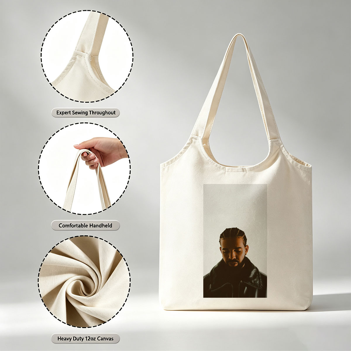 Drake in a Moody Portrait Wearing a Black Leather Jacket with Braided Hair and a Contemplative Expression - Canvas shoulder bags/