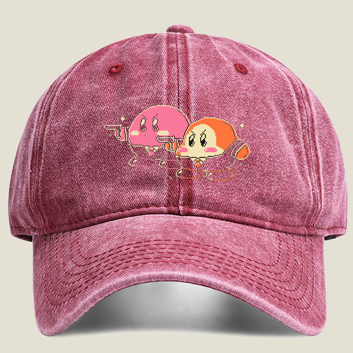 Kirby and Waddle Dee in Pixel Art Style - Washed Denim - Baseball Cap
