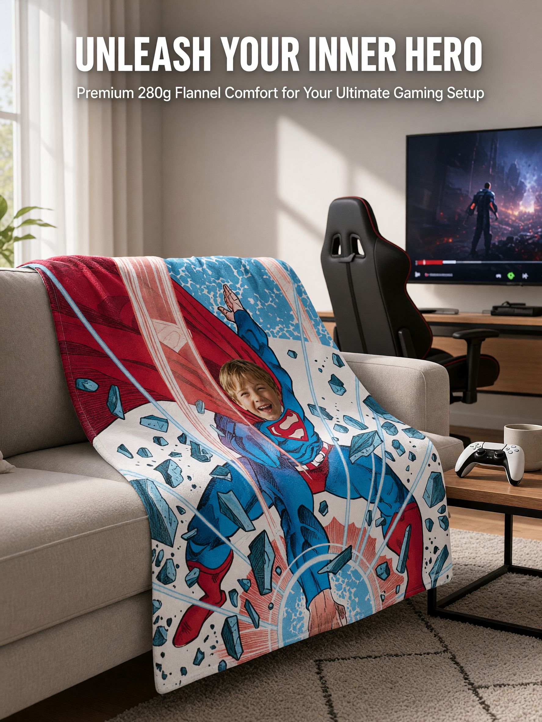 Custom Face Superhero Flannel Fleece Blanket, Personalized Comic Throw, Ideal Personalized Gift for Kids and Family