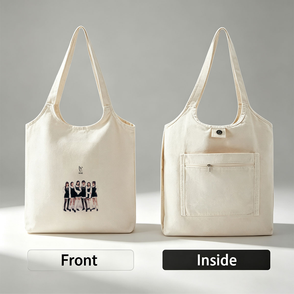 IVE Group in Black and White Schoolgirl Outfits Standing Together on White Background - Canvas shoulder bags/