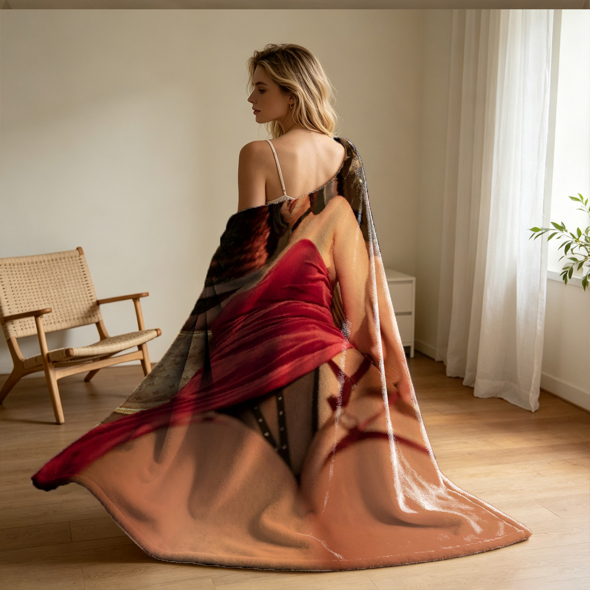 Nude Brunette Posing in Yellow Armchair - Blanket
