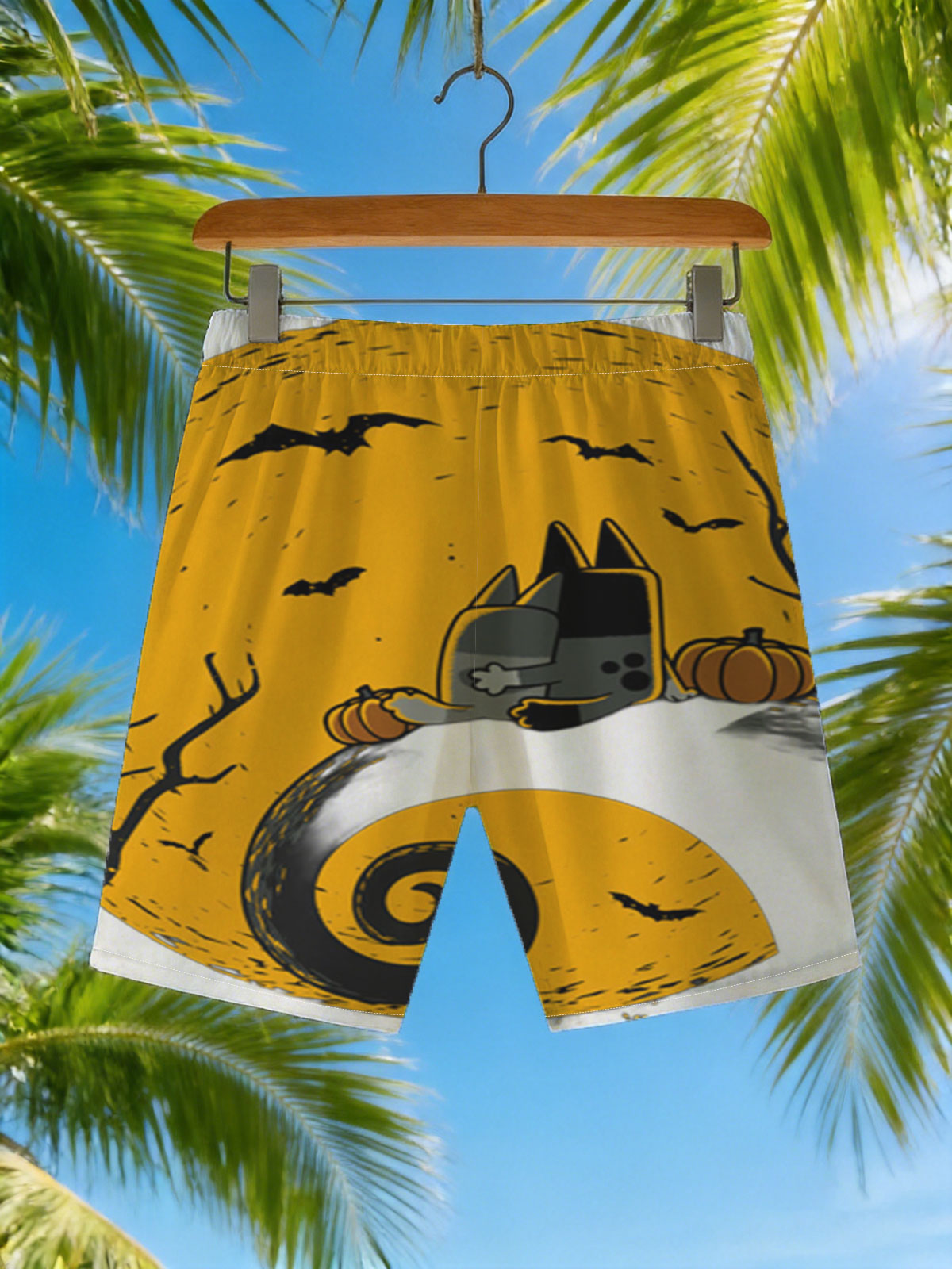 Pusheen the Cat in Halloween Moonlight with Pumpkins and Bats -  Beach shorts