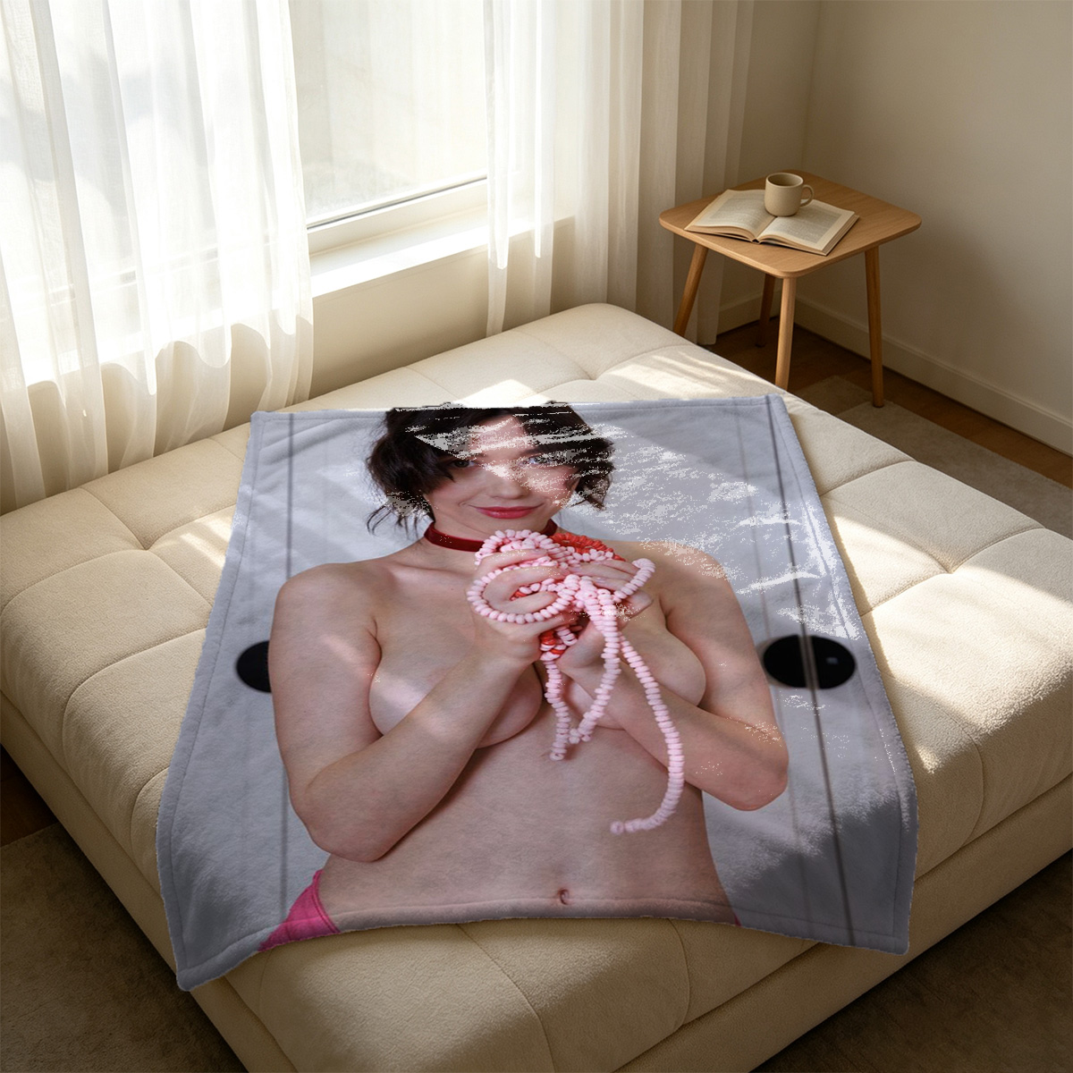 Nude redhead sitting on purple floor, back view. - Blanket