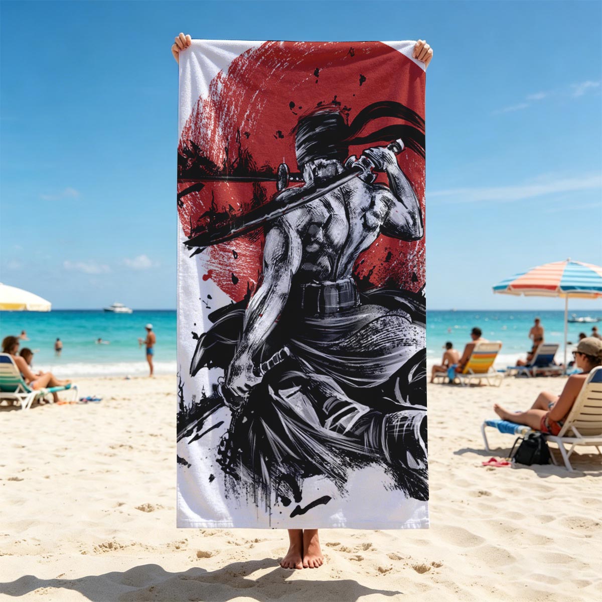 Samurai Warrior with Three Swords Against Red Sun Background - Beach towels