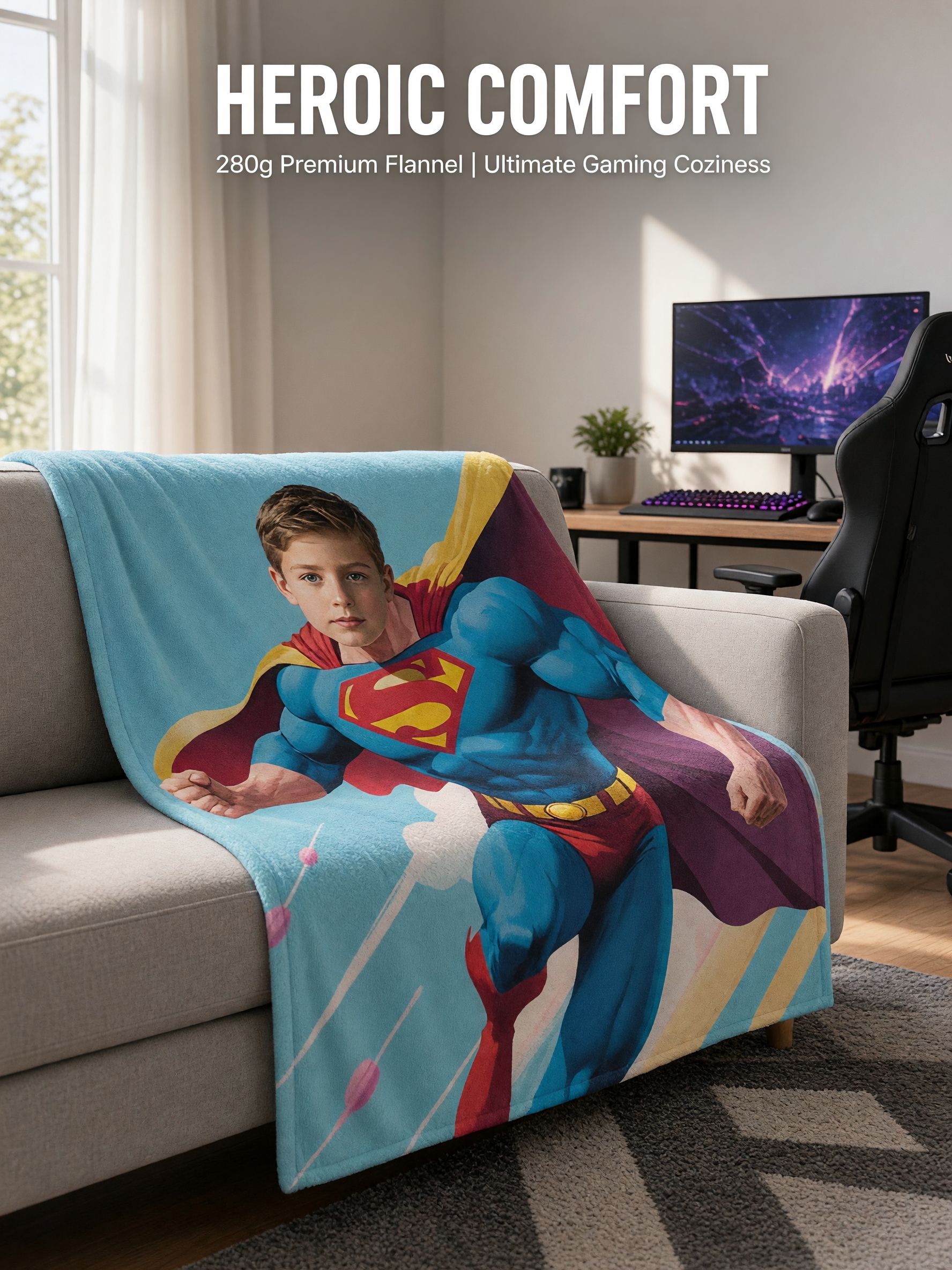 Custom Face Superhero Blanket, Soft Flannel Fleece Throw, Personalized Photo Keepsake Gift for Boys, Kids and Family