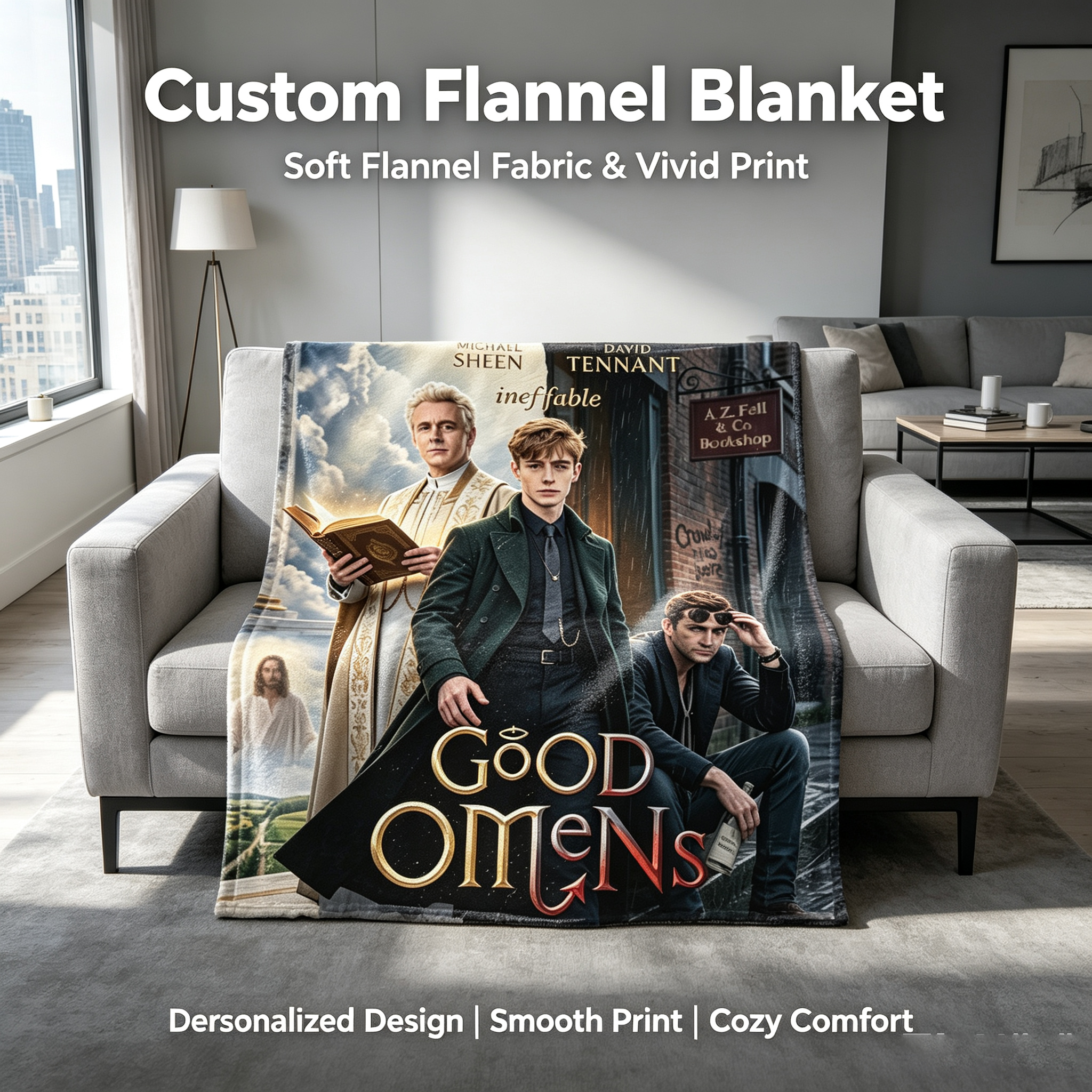 Custom Face Blanket Good Omens Michael Sheen David Tennant Flannel Blanket Fan Gift for TV Show Lovers Home Decor Present