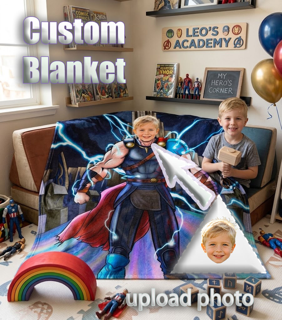tMarvel Thor Custom Photo Blanket, Personalized Upload Kid Portrait Rainbow Bridge Asgard Fleece Blanket for Bed Couch Kids Gift