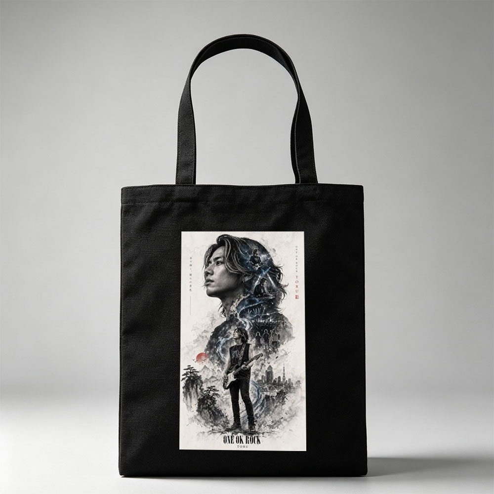 ONE OK ROCK TORU Live Performance Artwork Featuring Guitarist in Urban Landscape with Band Members and Cityscape Background - Canvas tote bags